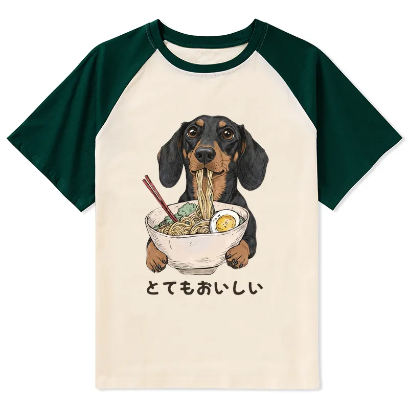 Tokyo-Tiger Cute Dog Eating Noodles Art Meme Raglan T-shirt