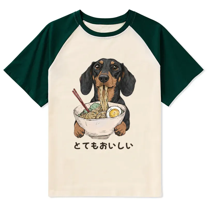 Tokyo-Tiger Cute Dog Eating Noodles Art Meme Raglan T-shirt