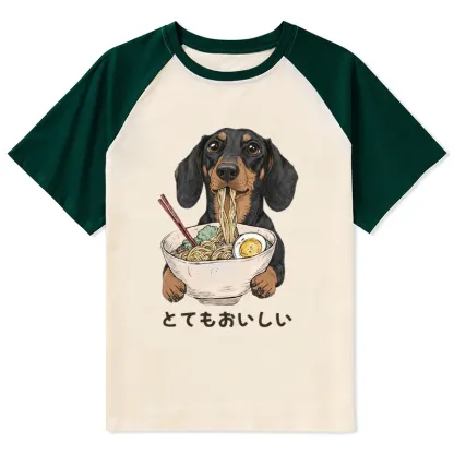 Tokyo-Tiger Cute Dog Eating Noodles Art Meme Raglan T-shirt