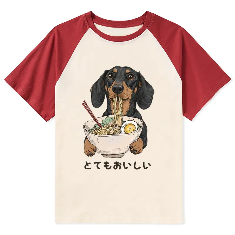 Tokyo-Tiger Cute Dog Eating Noodles Art Meme Raglan T-shirt Sale