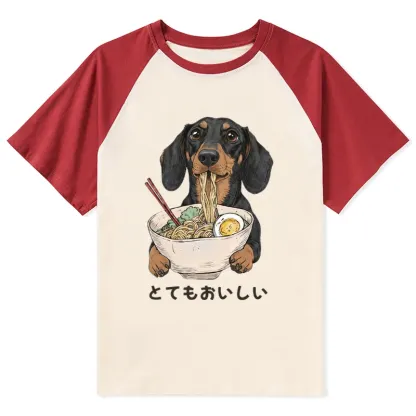 Tokyo-Tiger Cute Dog Eating Noodles Art Meme Raglan T-shirt