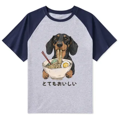 Tokyo-Tiger Cute Dog Eating Noodles Art Meme Raglan T-shirt