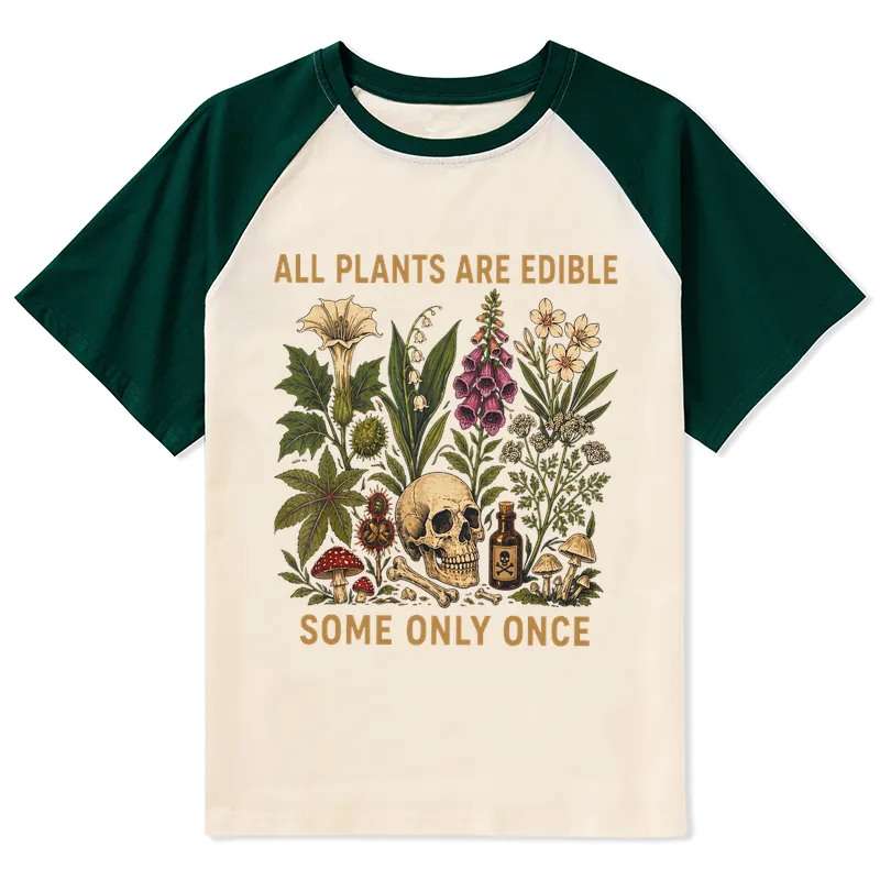 Tokyo-Tiger Edible Plants Some Only Once Joke Raglan T-shirt