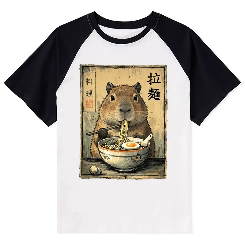 Tokyo-Tiger Capybara Enjoying A Bowl Of Ramen Raglan T-shirt