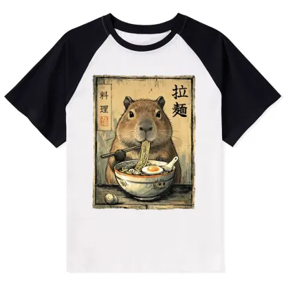 Tokyo-Tiger Capybara Enjoying A Bowl Of Ramen Raglan T-shirt
