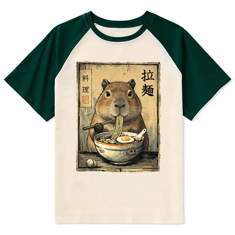 Tokyo-Tiger Capybara Enjoying A Bowl Of Ramen Raglan T-shirt