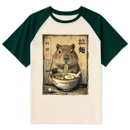 Tokyo-Tiger Capybara Enjoying A Bowl Of Ramen Raglan T-shirt