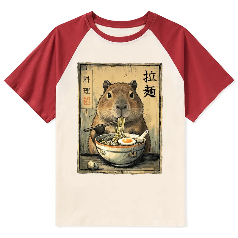 Tokyo-Tiger Capybara Enjoying A Bowl Of Ramen Raglan T-shirt