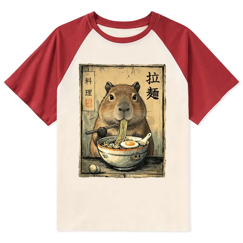 Tokyo-Tiger Capybara Enjoying A Bowl Of Ramen Raglan T-shirt
