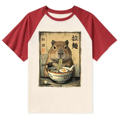 Tokyo-Tiger Capybara Enjoying A Bowl Of Ramen Raglan T-shirt