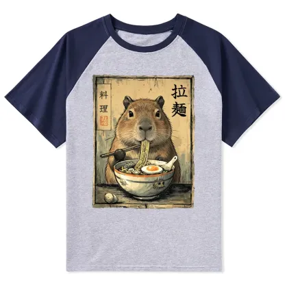 Tokyo-Tiger Capybara Enjoying A Bowl Of Ramen Raglan T-shirt