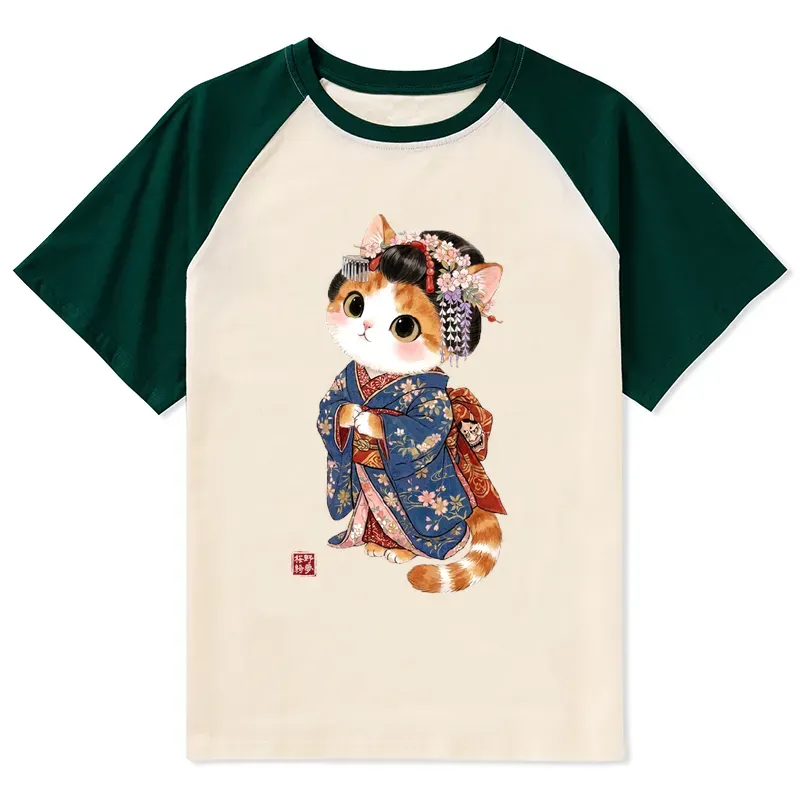 Tokyo-Tiger Cat Dressed As A Geisha Funny Raglan T-shirt