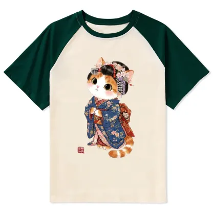 Tokyo-Tiger Cat Dressed As A Geisha Funny Raglan T-shirt