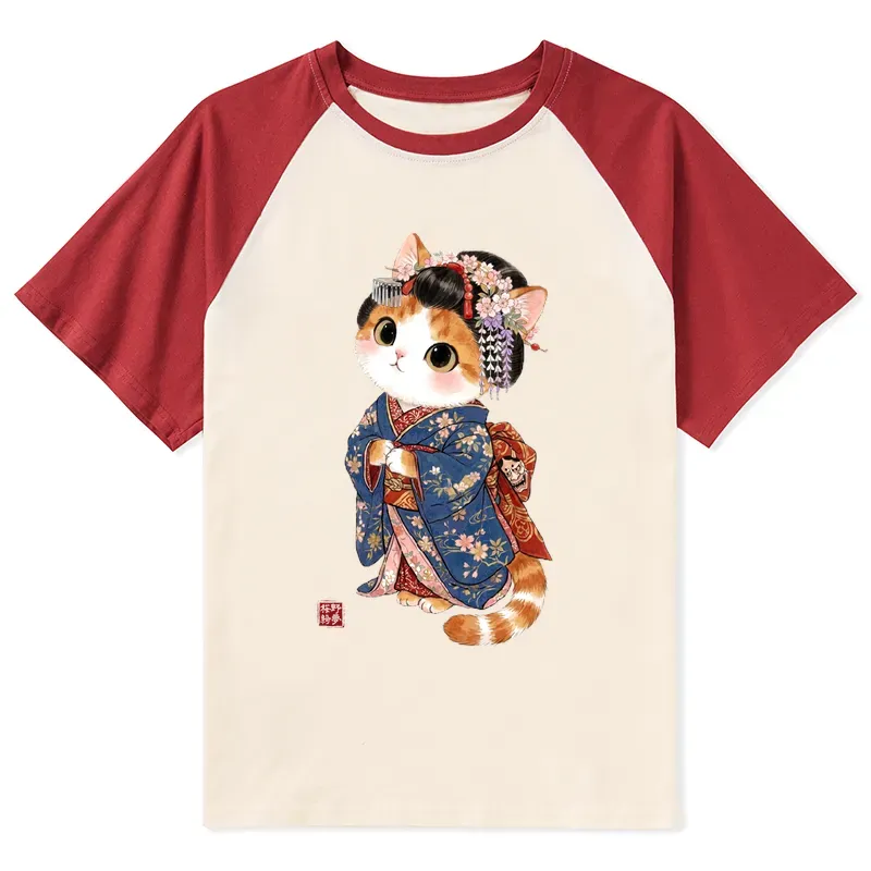Tokyo-Tiger Cat Dressed As A Geisha Funny Raglan T-shirt Sale