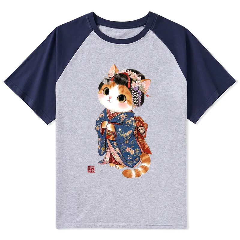 Tokyo-Tiger Cat Dressed As A Geisha Funny Raglan T-shirt