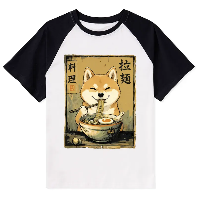 Tokyo-Tiger Happy Shiba Eating Ramen Raglan T-shirt Sale