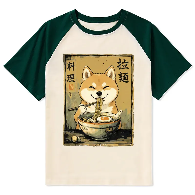 Tokyo-Tiger Happy Shiba Eating Ramen Raglan T-shirt