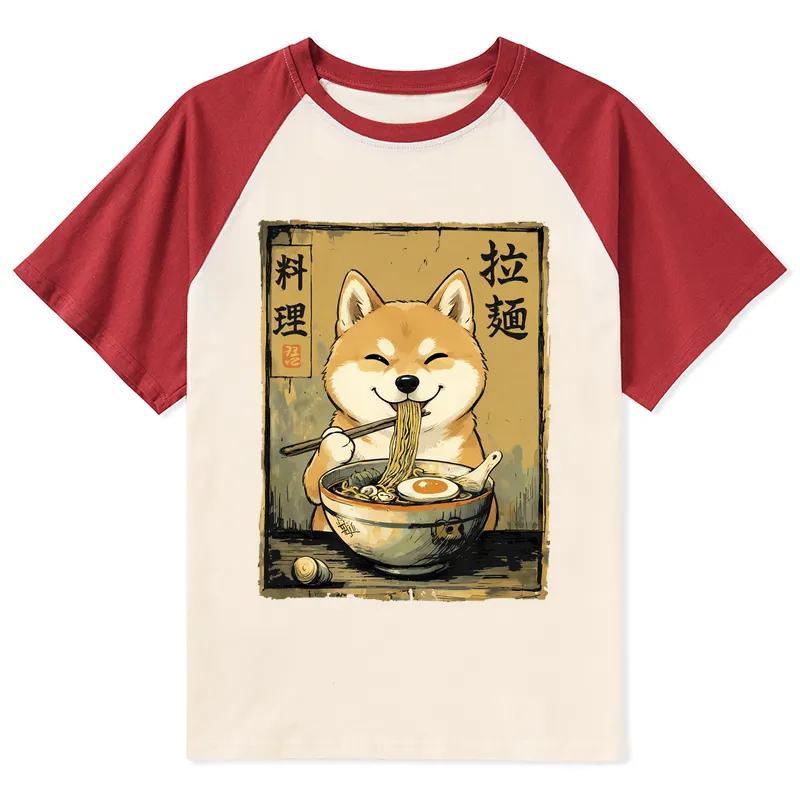 Tokyo-Tiger Happy Shiba Eating Ramen Raglan T-shirt Sale