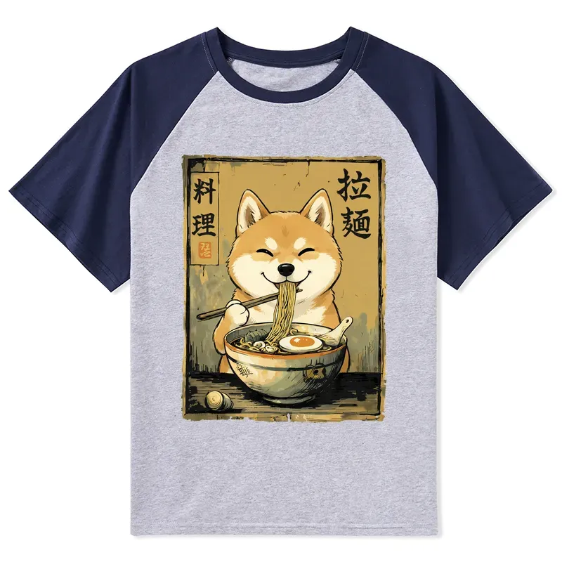 Tokyo-Tiger Happy Shiba Eating Ramen Raglan T-shirt