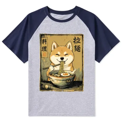 Tokyo-Tiger Happy Shiba Eating Ramen Raglan T-shirt