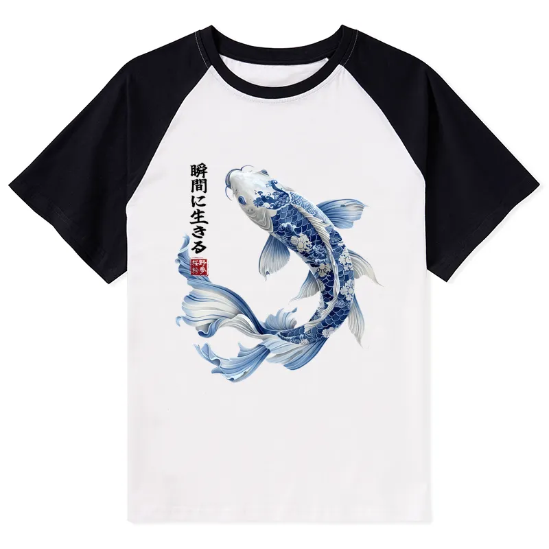 Tokyo-Tiger Blue And White Koi Fish Japanese Art Print Raglan T-shirt