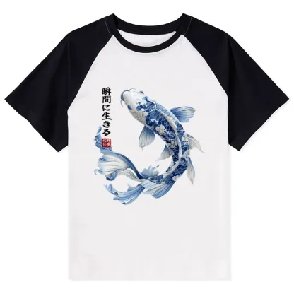 Tokyo-Tiger Blue And White Koi Fish Japanese Art Print Raglan T-shirt