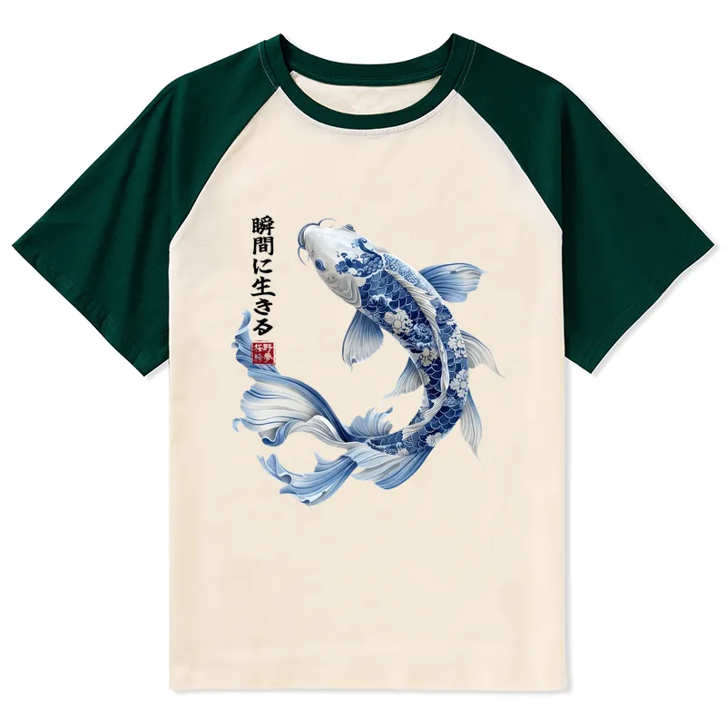 Tokyo-Tiger Blue And White Koi Fish Japanese Art Print Raglan T-shirt