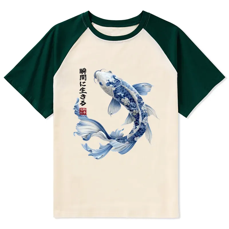 Tokyo-Tiger Blue And White Koi Fish Japanese Art Print Raglan T-shirt Sale