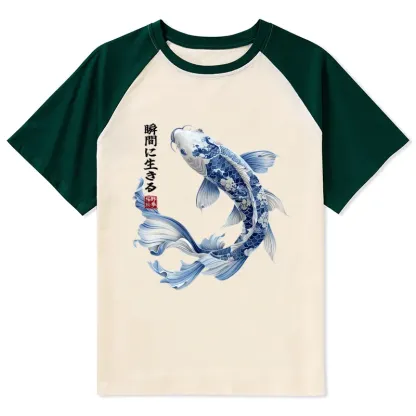 Tokyo-Tiger Blue And White Koi Fish Japanese Art Print Raglan T-shirt