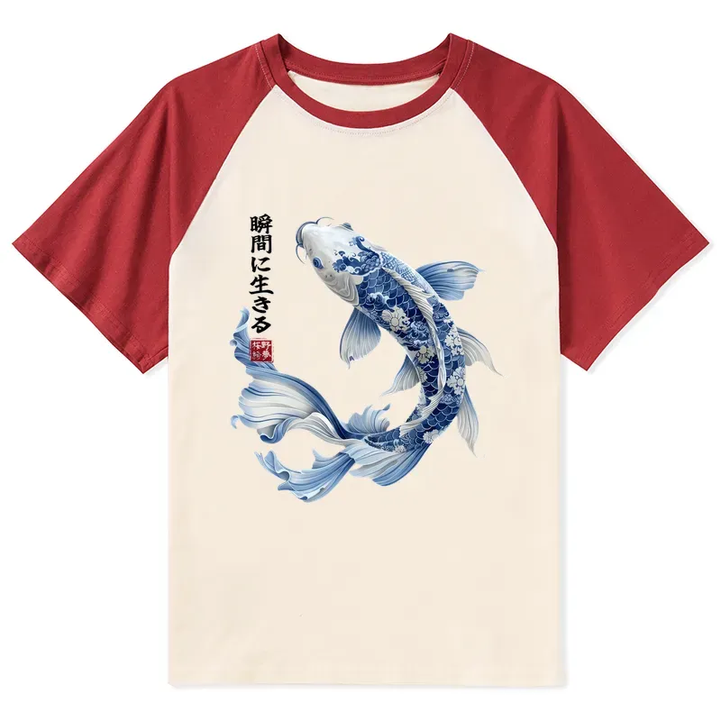 Tokyo-Tiger Blue And White Koi Fish Japanese Art Print Raglan T-shirt