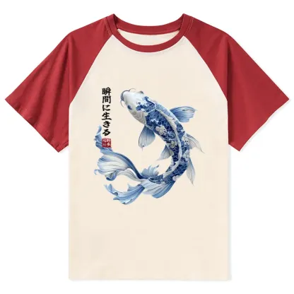 Tokyo-Tiger Blue And White Koi Fish Japanese Art Print Raglan T-shirt