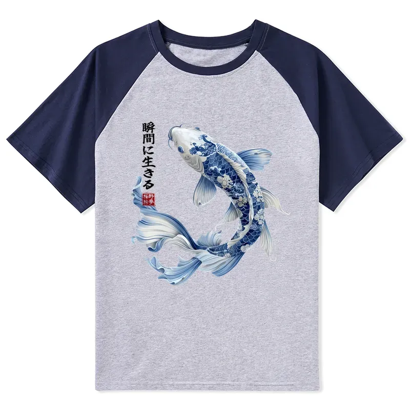 Tokyo-Tiger Blue And White Koi Fish Japanese Art Print Raglan T-shirt