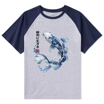 Tokyo-Tiger Blue And White Koi Fish Japanese Art Print Raglan T-shirt