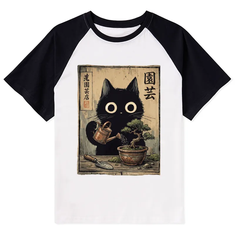 Tokyo-Tiger Black Cat Watering Bonsai Tree Raglan T-shirt