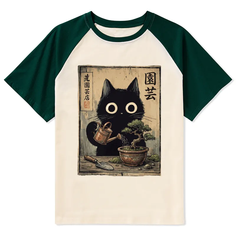 Tokyo-Tiger Black Cat Watering Bonsai Tree Raglan T-shirt