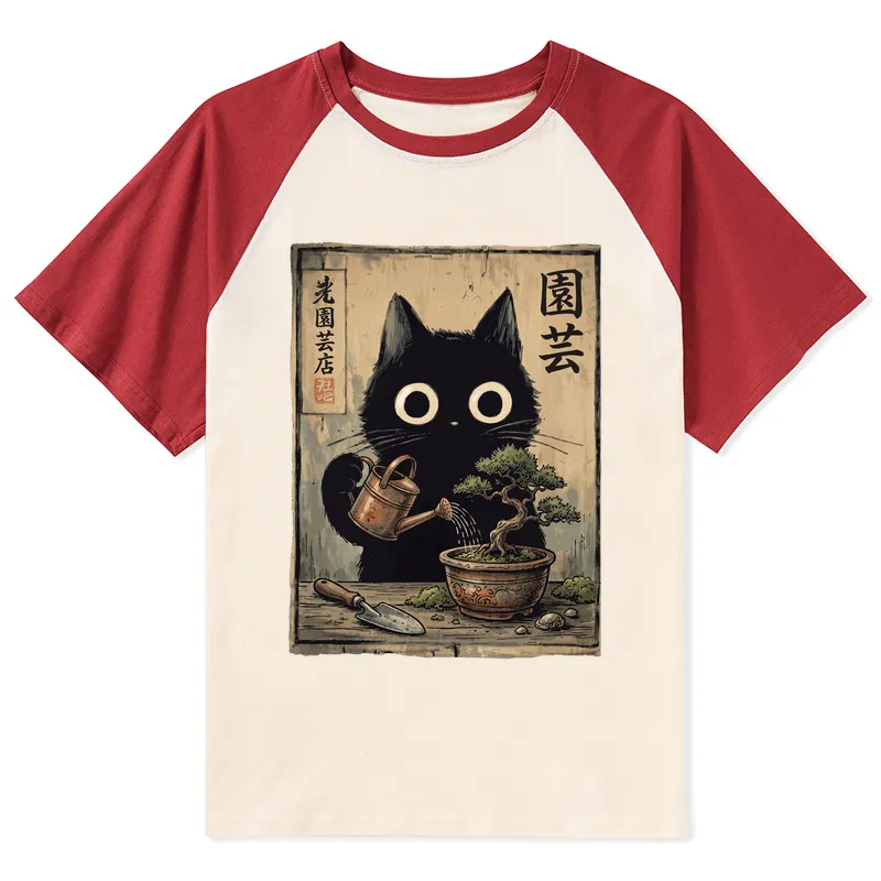 Tokyo-Tiger Black Cat Watering Bonsai Tree Raglan T-shirt