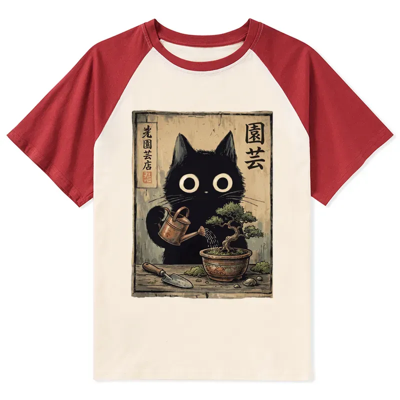 Tokyo-Tiger Black Cat Watering Bonsai Tree Raglan T-shirt