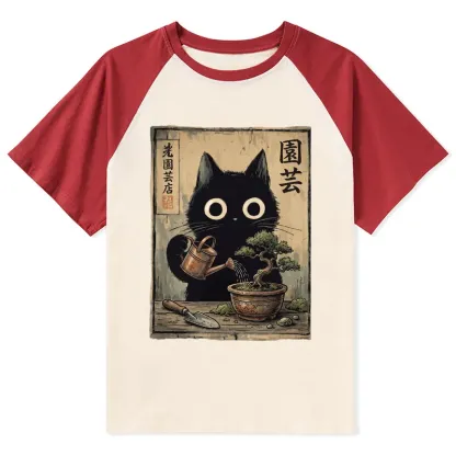 Tokyo-Tiger Black Cat Watering Bonsai Tree Raglan T-shirt