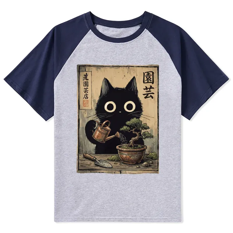Tokyo-Tiger Black Cat Watering Bonsai Tree Raglan T-shirt Sale