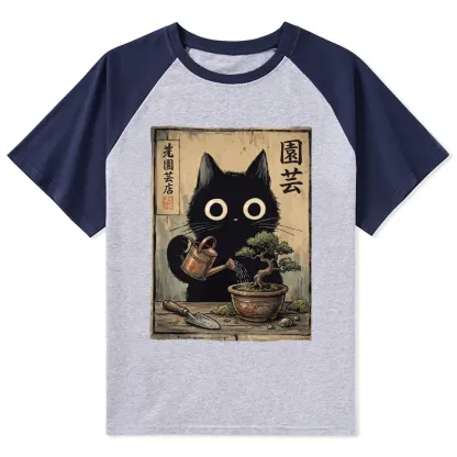 Tokyo-Tiger Black Cat Watering Bonsai Tree Raglan T-shirt