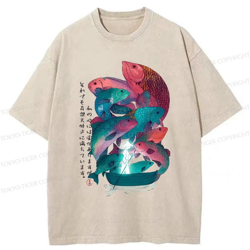 Tokyo-Tiger Japanese Ukiyoe Fish Vintage Poster Washed T-Shirt 