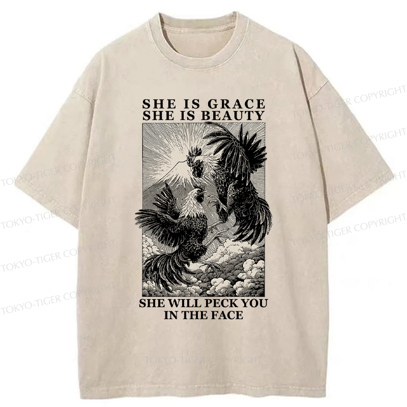 Tokyo-Tiger Funny Vintage Woodblock Chicken And Mountain  Washed T-Shirt