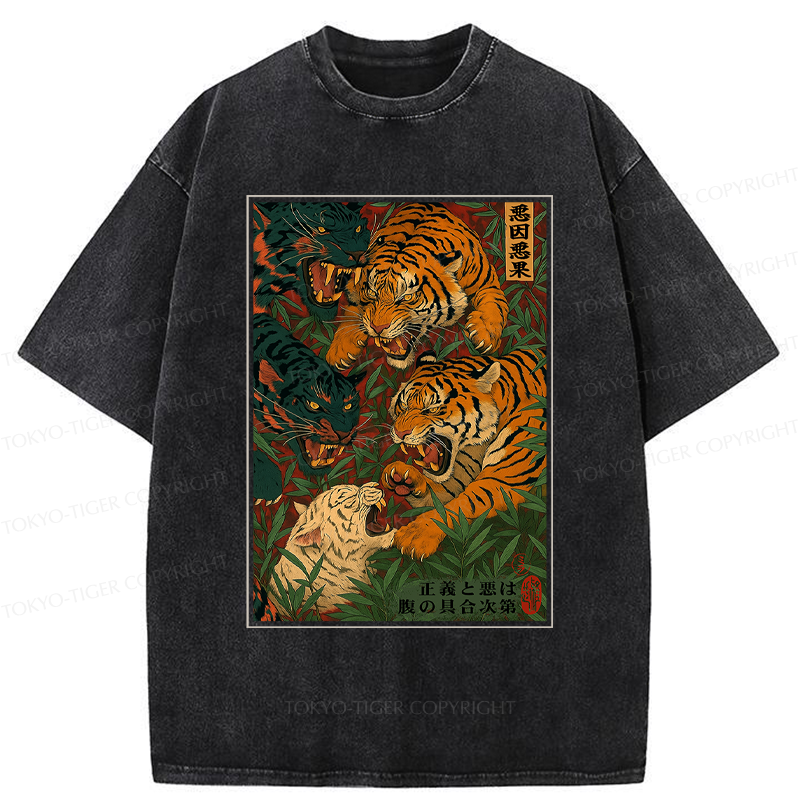 Tokyo-Tiger Vintage Ukiyoe Tiger Poster Washed T-Shirt