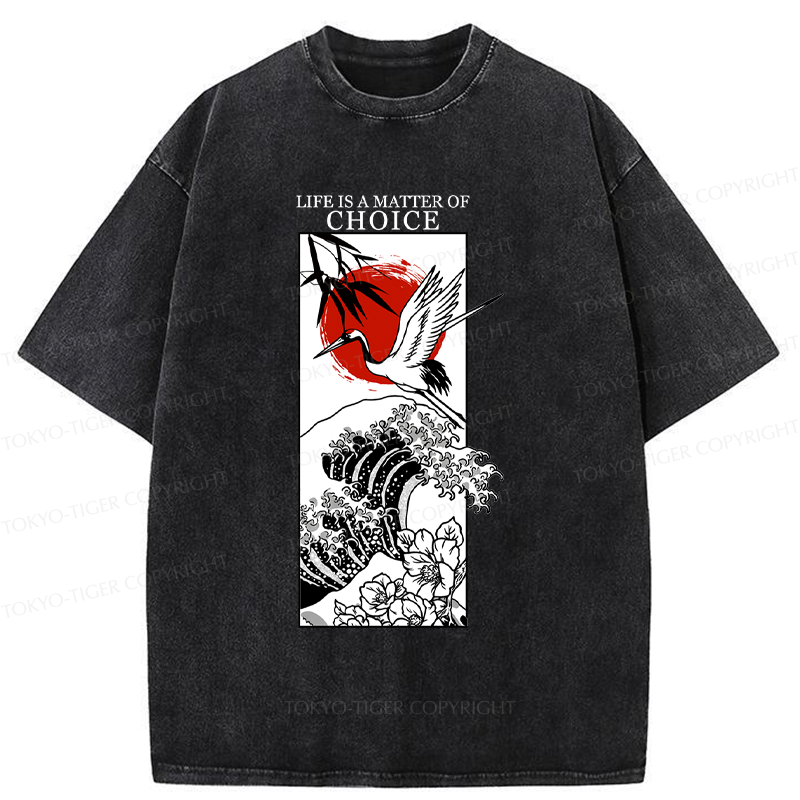 Tokyo-Tiger Japanese Crane And Wave Kanji Washed T-Shirt
