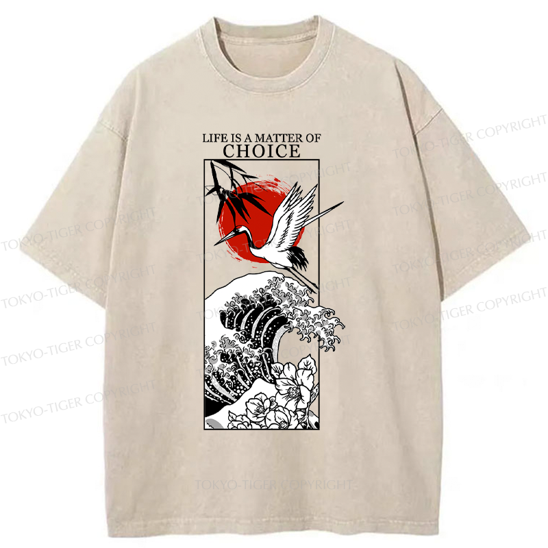 Tokyo-Tiger Japanese Crane And Wave Kanji Washed T-Shirt