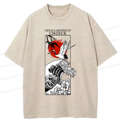 Tokyo-Tiger Japanese Crane And Wave Kanji Washed T-Shirt