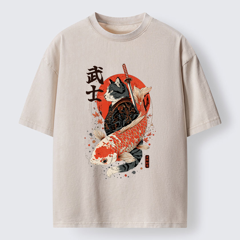 Tokyo-Tiger Samurai Cat And Koi Washed T-Shirt