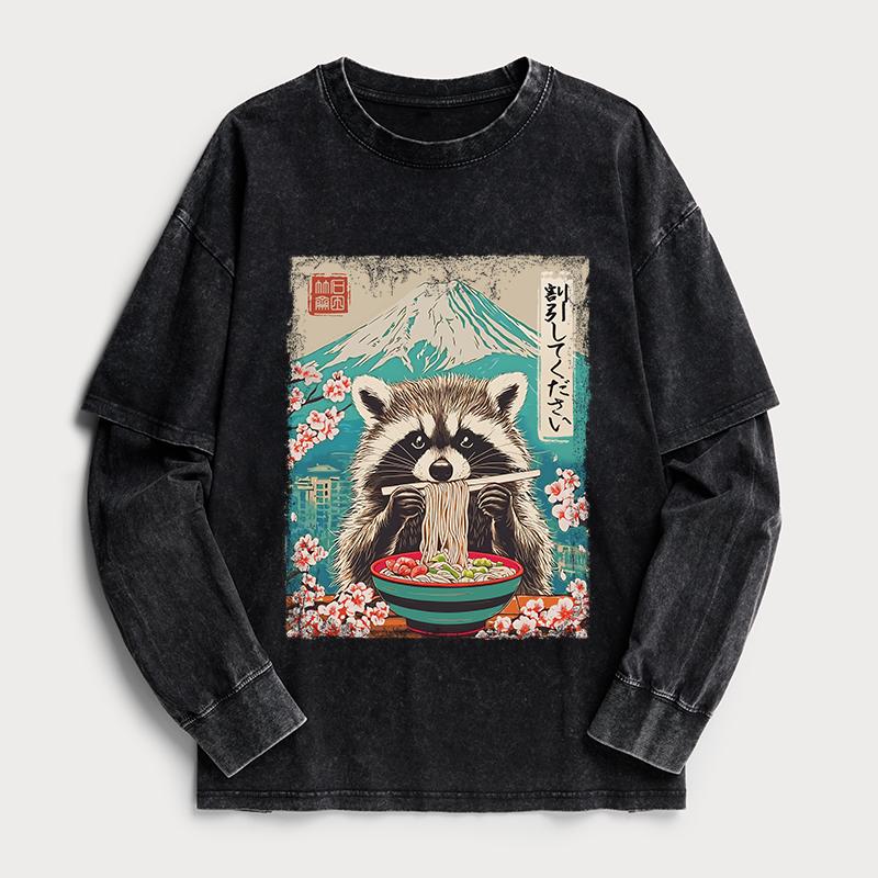 Tokyo-Tiger Please Give Raccoon A Discount Washed Double Layer T-Shirt