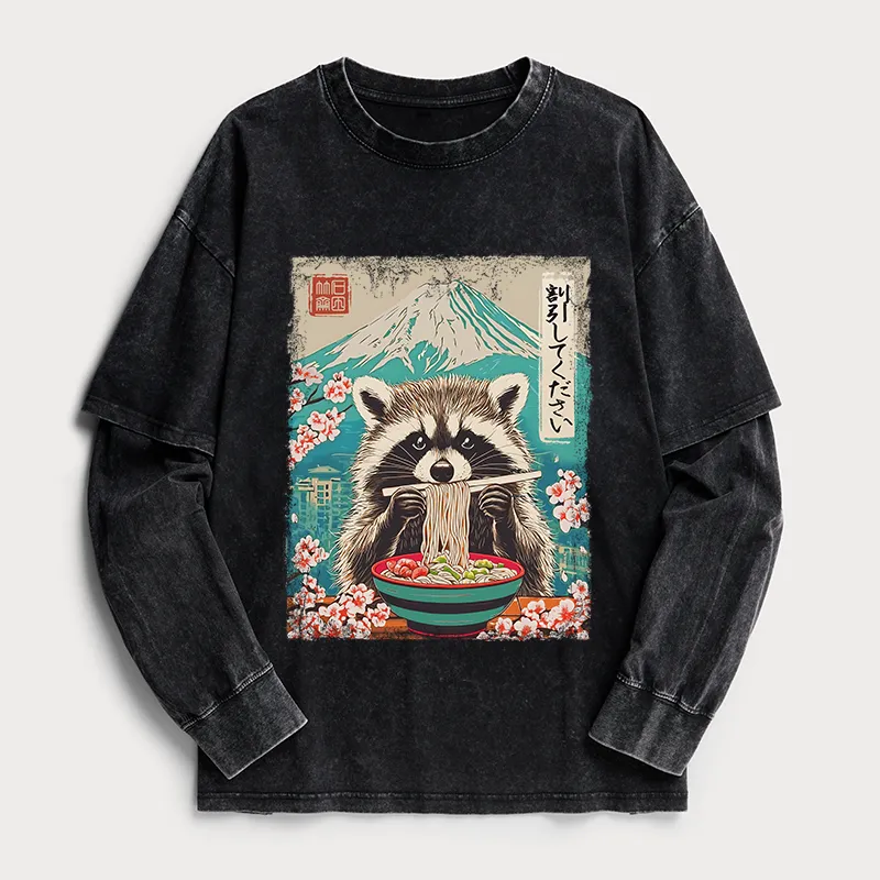 Tokyo-Tiger Please Give Raccoon A Discount Washed Double Layer T-Shirt Sale