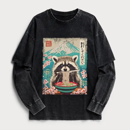 Tokyo-Tiger Please Give Raccoon A Discount Washed Double Layer T-Shirt